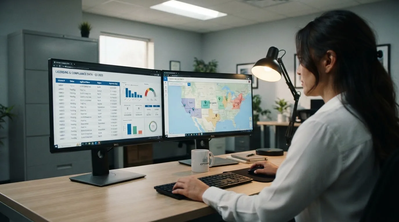 Een medewerker van een toezichthoudende instantie werkt achter een bureau met meerdere monitoren in een professioneel kantoor.