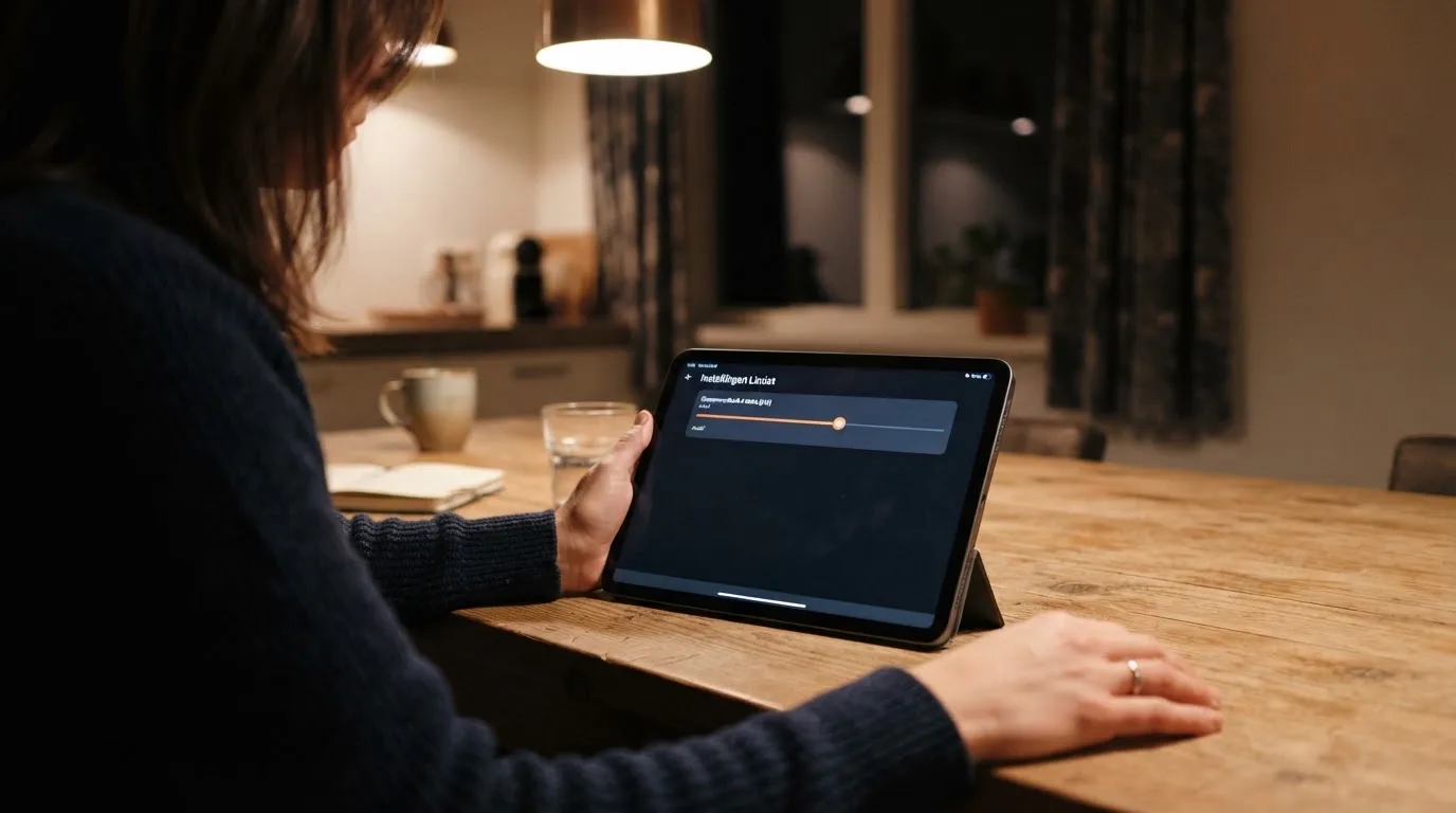 Een persoon bekijkt rustig instellingen voor speellimieten op een tablet aan een keukentafel in de avond.