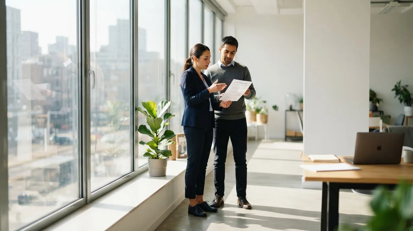 Twee collega's overleggen staand bij een raam in een modern kantoor tijdens een zonnige ochtend.