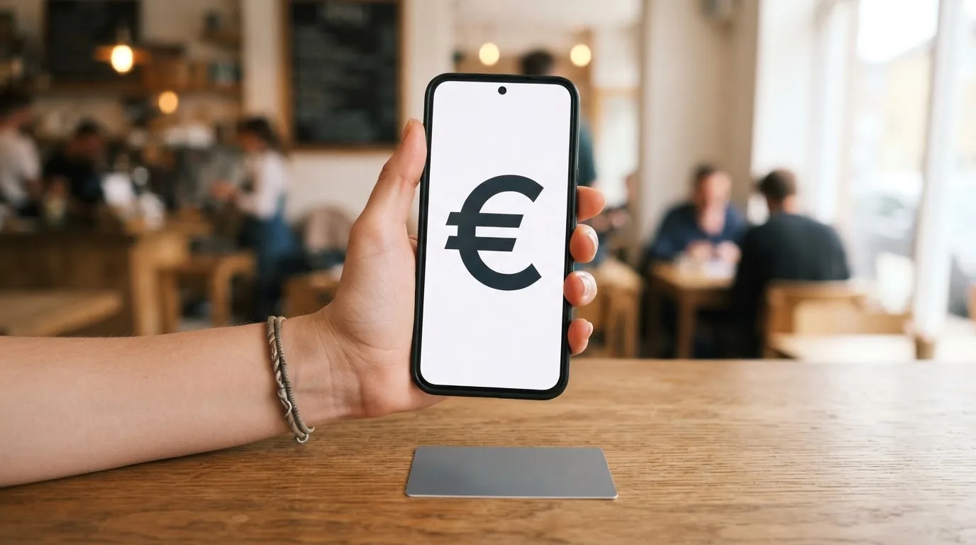 Een hand houdt een betaalpas boven een smartphone voor een contactloze betaling.