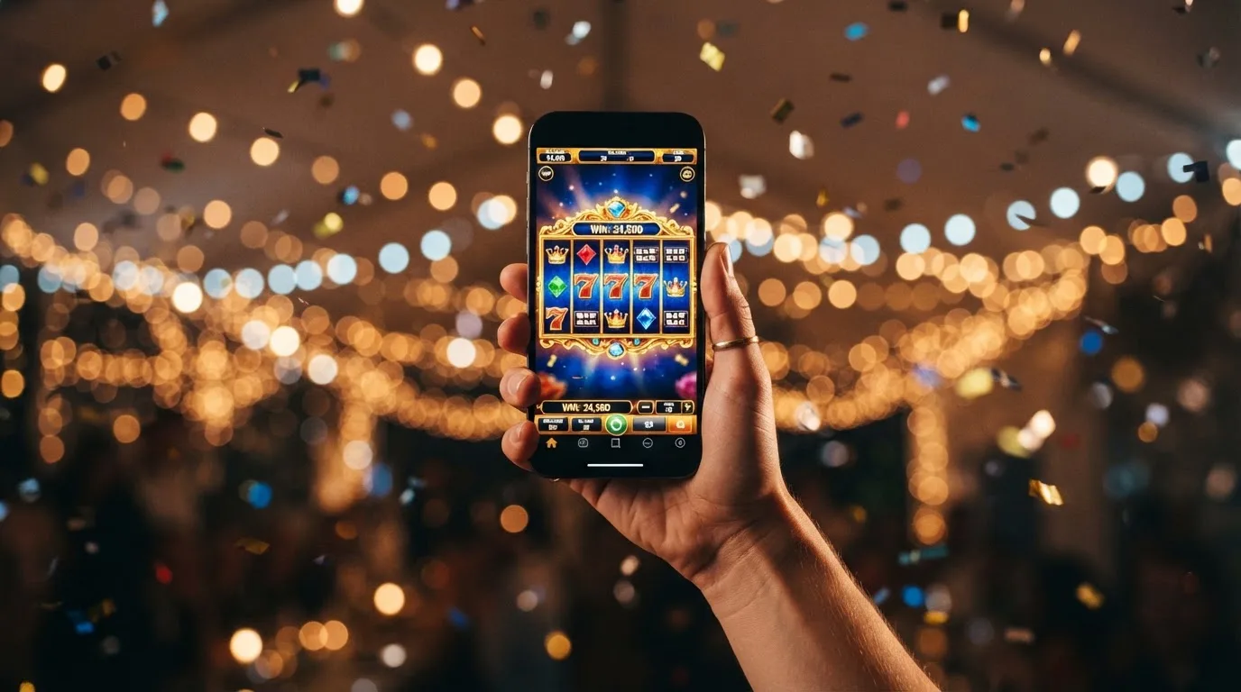 Kleurrijke lichtjes en confetti op de achtergrond terwijl iemand een smartphone vasthoudt.